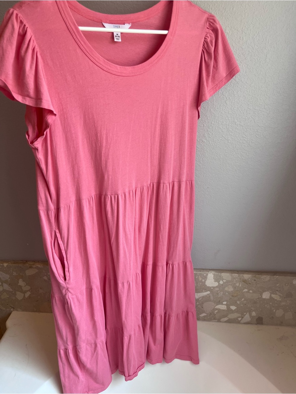 Time and Tru Pink Cotton Tiered Dress Size M Flutter Sleeves Pockets